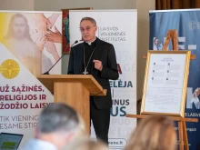 Archbishop Georg Gänswein speaks at a conference on the Šiluva Declaration in Šiluva, Lithuania, on Sept. 4, 2024.