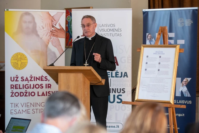Archbishop Georg Gänswein speaks at a conference on the Šiluva Declaration in Šiluva, Lithuania, on Sept. 4, 2024.