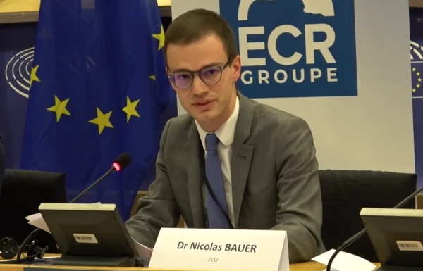 Nicolaus Bauer of the European Centre for Law and Justice speaks at the Oct. 15, 2025, pro-life event at the European Parliament in Brussels. Credit: European Centre of Law and Justice (ECLJ)
