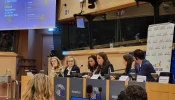 Three women share their stories of experiences with abortion at the pro-life event at the European Parliament in Brussels, Oct. 15, 2025.