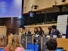 Three women share their stories of experiences with abortion at the pro-life event at the European Parliament in Brussels, Oct. 15, 2025.