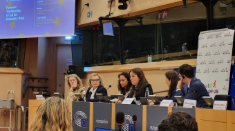 Three women share their stories of experiences with abortion at the pro-life event at the European Parliament in Brussels, Oct. 15, 2025.