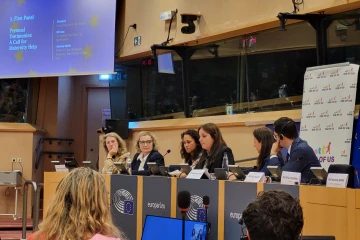 Three women share their stories of experiences with abortion at the pro-life event at the European Parliament in Brussels, Oct. 15, 2025
