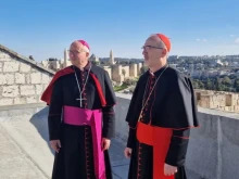 Archbishop Giuseppe Baturi (left), the secretary-general of the Italian Bishops’ Conference, meets with Latin patriarch Cardinal Pierbattista Pizzaballa in the Holy Land during a Sept. 27–30, 2025, trip to the region.