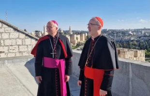 Archbishop Giuseppe Baturi (left), the secretary-general of the Italian Bishops’ Conference, meets with Latin patriarch Cardinal Pierbattista Pizzaballa in the Holy Land during a Sept. 27–30, 2025, trip to the region. Credit: Photo courtesy of Italian Bishops’ Conference