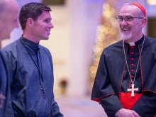 Cardinal Pierbattista Pizzaballa, the Latin Patriarch of Jerusalem, speaks with members of Society of Our Lady of the Most Holy Trinity (SOLT), during a Dec. 5, 2025 fundraising dinner to support of Christians in the Holy Land at St. John's Resort in Plymouth, Michigan.