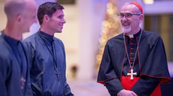 Cardinal Pierbattista Pizzaballa, the Latin Patriarch of Jerusalem, speaks with members of Society of Our Lady of the Most Holy Trinity (SOLT), during a Dec. 5, 2025 fundraising dinner to support of Christians in the Holy Land at St. John's Resort in Plymouth, Michigan.