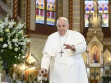 Pope Francis attends a meeting with poor people and refugees at St. Elizabeth of Hungary Church in Budapest, Hungary, on April 29, 2023.