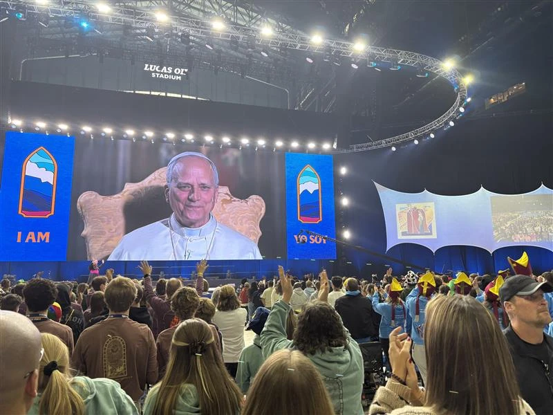 Pope Leo XIV speaks to teenagers during a digital encounter at Lucas Oil Stadium in Indianapolis during the 2025 National Catholic Youth Conference (NCYC) on Nov. 21, 2025. | Credit: Tessa Gervasini/CNA