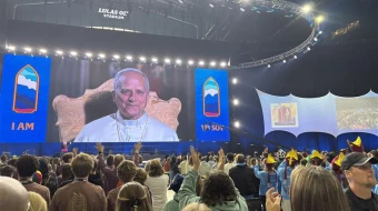 Pope Leo XIV speaks to teenagers during a digital encounter at Lucas Oil Stadium in Indianapolis during the 2025 National Catholic Youth Conference (NCYC) on Nov. 21, 2025.