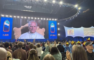 Pope Leo XIV speaks to teenagers during a digital encounter at Lucas Oil Stadium in Indianapolis during the 2025 National Catholic Youth Conference (NCYC) on Nov. 21, 2025. Credit: Tessa Gervasini/CNA