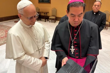 Pope Leo XIV receives a video from the Hope Border Institute from Auxiliary Bishop Anthony Celino Oct. 8.