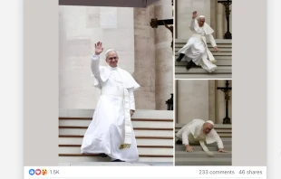 AI-generated photographs of Pope Leo XIV appearing to fall down a flight of stairs outside St. Peter’s Basilica circulated on the internet in June. Credit: CNA/Screenshot