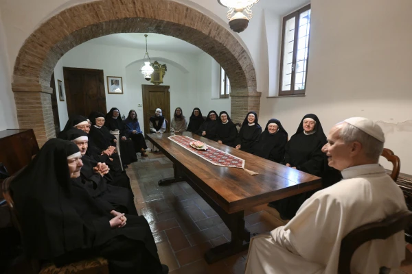 The pope spoke with the Augustinian nuns on Nov. 20, 2025, then celebrated Mass and shared lunch with them. Credit: Vatican Media