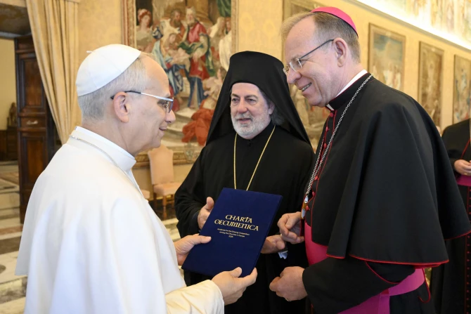 Pope Leo with Archbishop Gintaras Grušas and Archbishop Nikitas Lioulias