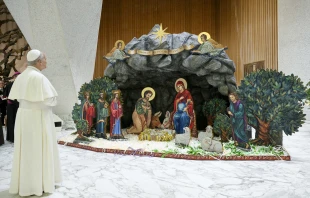 Pope Leo admires the Nativity scene that was made in Costa Rica. Credit: Vatican Media