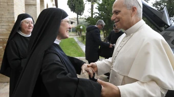 Pope Leo XIV meets with the Augustinian nuns of Montefalco on Nov. 20, 2025, in Italy.
