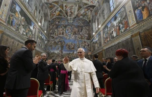 Pope Leo XIV exits the Sistine Chapel following a June 2, 2025, ceremony commemorating the life and legacy of Blessed Iuliu Hossu. Credit: Vatican Media