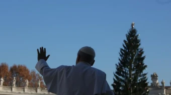 Pope Leo XIV waves to pilgrims gathered in St. Peter’s Square during his Wednesday general audience on Dec. 10, 2025.