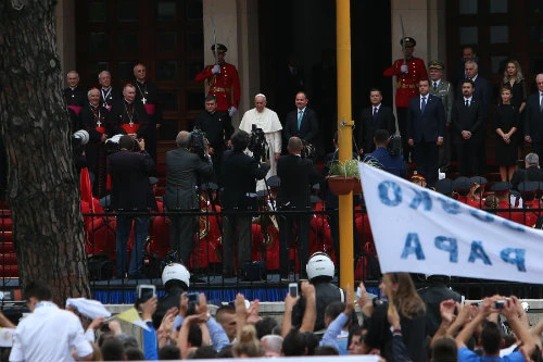 Pope Francis meets with political leaders in Albania on Sept. 21. ?w=200&h=150