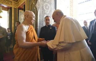 Pope Francis greets His Holiness Somdej Phra Maga Muneewong at the Wat Ratchabophit Sathit Maha Simaram Temple in Bangkok Nov. 21.   Vatican Media