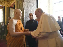 Pope Francis greets His Holiness Somdej Phra Maga Muneewong at the Wat Ratchabophit Sathit Maha Simaram Temple in Bangkok Nov. 21. 