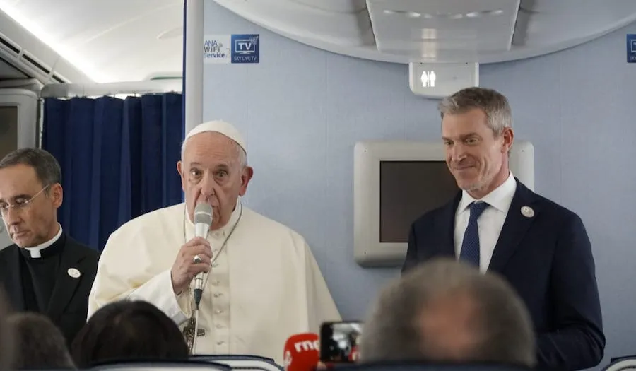 Pope Francis speaks aboard a Nov. 26 flight from Tokyo to Rome. ?w=200&h=150