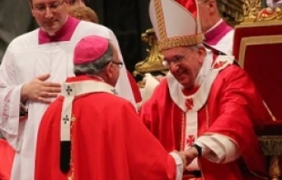 Pope Francis greets one of the 34 metropolitan archbishops to receive the pallium on the Feast of Saints Peter and Paul in St. Peter's Basilica on June 29, 2013.   Lauren Cater/CNA.