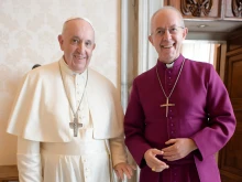 Pope Francis and the archbishop of Canterbury, Justin Welby, at the Vatican on Oct. 5, 2021.