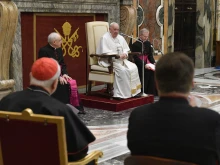 Pope Francis addresses members of the Apostolic Penitentiary on March 8, 2024, in the Clementine Hall in the Apostolic Palace at the Vatican.