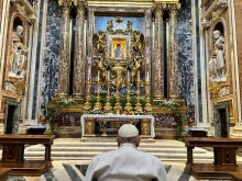 Pope Francis visits the Basilica of St. Mary Major on Monday, Jan. 30, 2023, to entrust his upcoming trip to Africa to the Blessed Virgin Mary.