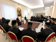 Pope Francis meets with Eastern Orthodox priests and monks on Feb. 6, 2025, at his Santa Marta home in the Vatican instead of in the Apostolic Palace as planned.