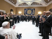 Pope Francis meets with doctors and staff from Rome’s Gemelli Hospital, thanking them for their work during his recent stay, on April 16, 2025, at the Vatican.