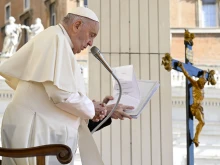 Pope Francis addresses pilgrims gathered in St. Peter’s Square for his Wednesday general audience on April 17, 2024, at the Vatican.