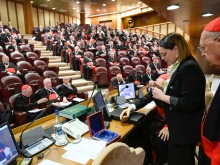 The papal fisherman’s ring and lead seal are nulled during the 12th general congregation of the College of Cardinals on Tuesday, May 6, 2025.