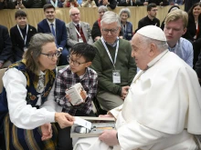 Pope Francis meets with members of a pilgrimage sponsored by the Scandinavian Bishops’ Conference on Feb. 3, 2025, in the Paul VI Audience Hall at the Vatican.