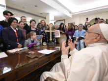 Pope Francis meets with members of Talitha Kum, an international network of consecrated women devoted to helping victims of trafficking, on Feb. 7, 2025, at Casa Santa Marta at the Vatican.