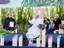 Pope Francis speaks to pilgrims gathered in the arena in Verona, Italy, on May 18, 2024.