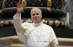 Pope Leo XIV waves to the crowd at his Wednesday general audience in St. Peter’s Basilica on Aug. 13, 2025. Credit: Vatican Media