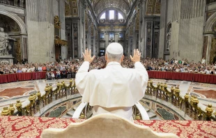 Pope Leo XIV blesses the crowd at his Wednesday general audience in St. Peter’s Basilica on Aug. 13, 2025, at the Vatican. Due to the heat, the pope gave his address in Paul VI Audience Hall but also greeted pilgrims in other locations. Credit: Vatican Media