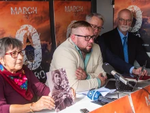Ending Clergy Abuse board members and survivors hold a press conference after meeting with Pope Leo XIV on Oct. 20, 2025 in Rome.