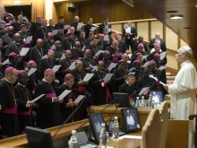 Pope Leo XIV meets with new bishops in Rome on Sept. 11, 2025.