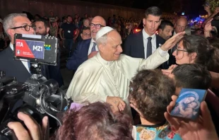 Pope Leo XIV greets the faithful at the gates of Castel Gandolfo on Aug. 19, 2025. Credit: Vatican Media