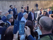 Pope Leo XIV answers questions from the media outside Castel Gandolfo in Italy on Oct. 7, 2025.