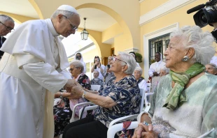 Pope Leo XIV greets residents of St. Martha Home for the Elderly in Castel Gandolfo, Italy, during a visit on July 21, 2025. Credit: Vatican Media