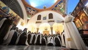 Pope Leo XIV visits the Monastery of the Carmelite Sisters of the Theotokos in Harissa, Lebanon, on Nov. 30, 2025.