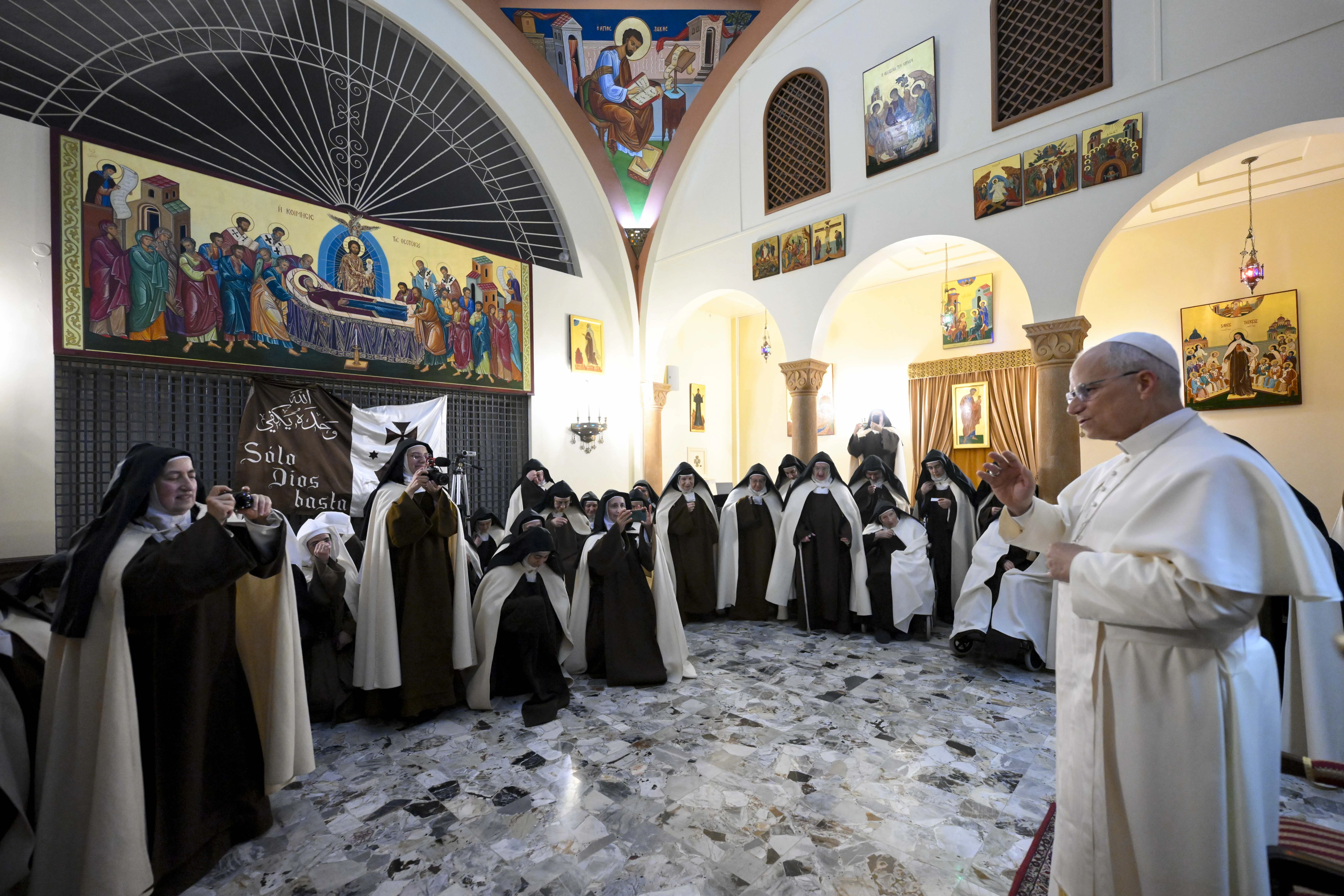 Pope Leo XIV imparts the apostolic blessing on the Carmelite Sisters of the Theotokos in Harissa, Lebanon, whom he visited on his first day in Lebanon on Nov. 30, 2025. | Credit: Vatican Media