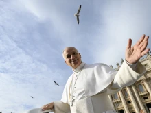 Pope Leo XIV greets pilgrims gathered in St. Peter’s Square on Dec. 20, 2025.