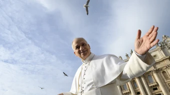 Pope Leo XIV greets pilgrims gathered in St. Peter’s Square on Dec. 20, 2025.