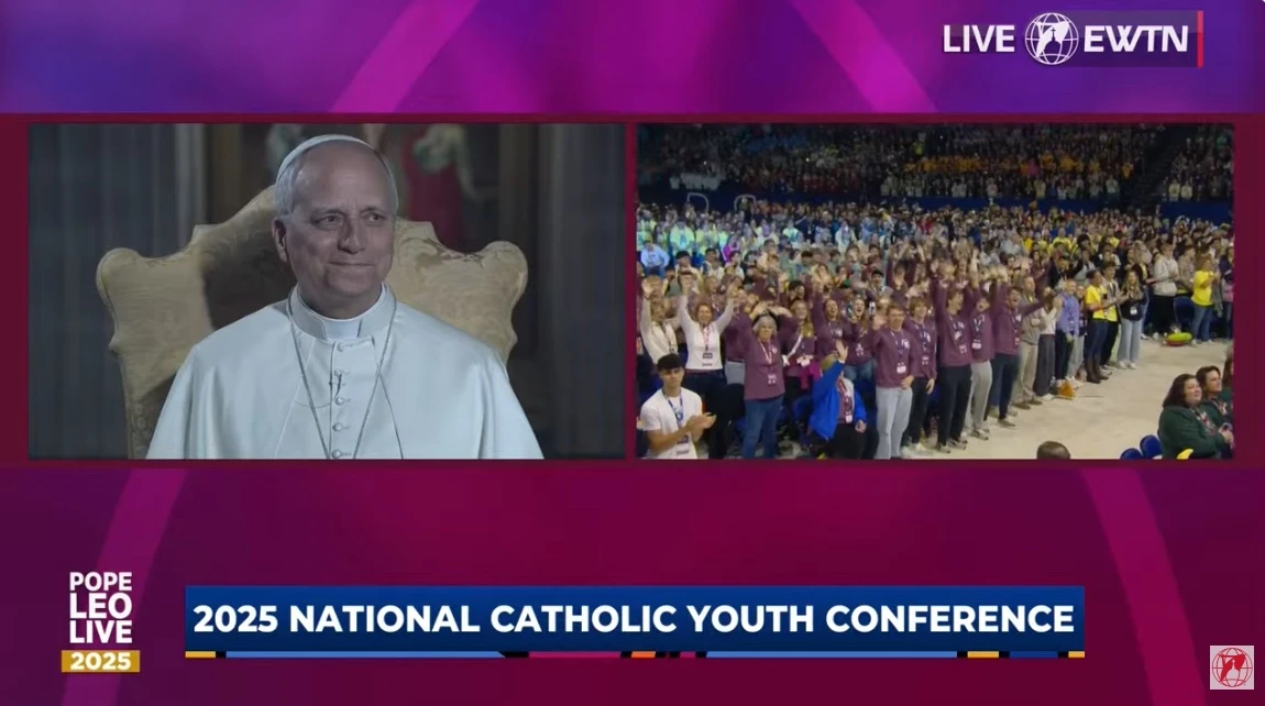 Young people cheer as Pope Leo XIV is introduced at the National Catholic Youth Conference on Nov. 21, 2025, at Lucas Oil Stadium in Indianapolis. | Credit: EWTN YouTube
